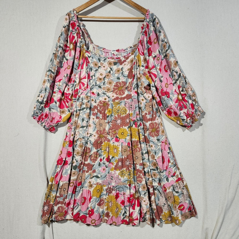 Jodifl Women 2X Floral Tiered Mini Dress Smocked Pink Yellow Boho Plus Size Fall